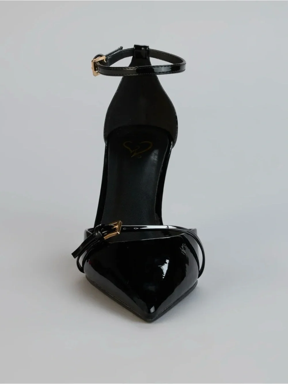 Women's Black Patent Pointed-Toe Ankle-Strap Heels